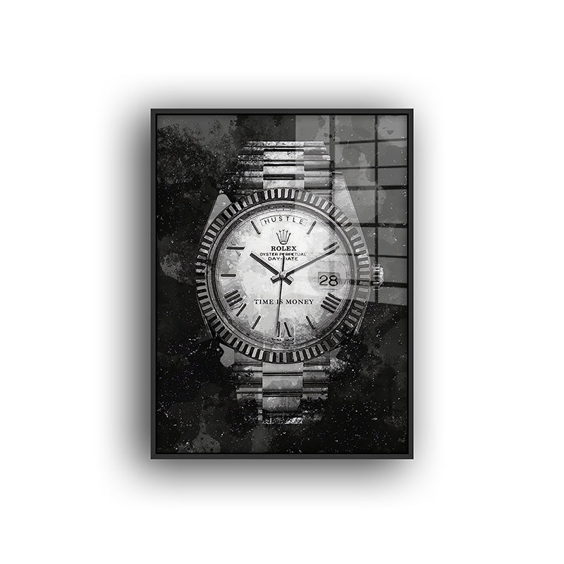 Painting of Rolex in a black frame front view