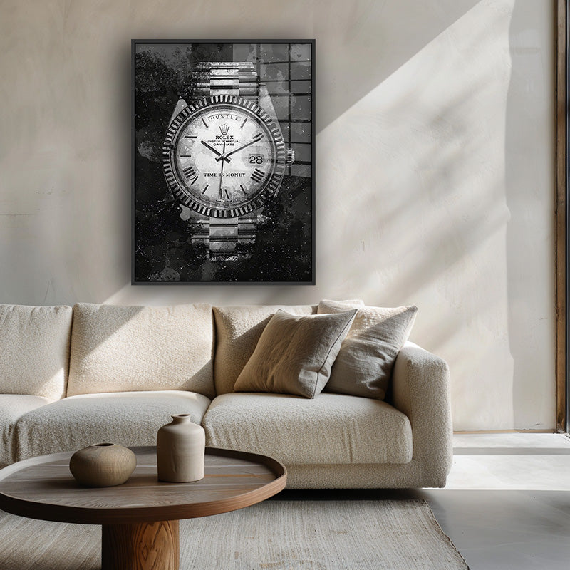 Painting of Rolex in a black frame inside