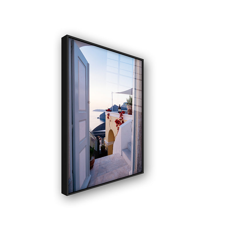 Painting of Santorini in a black frame side view