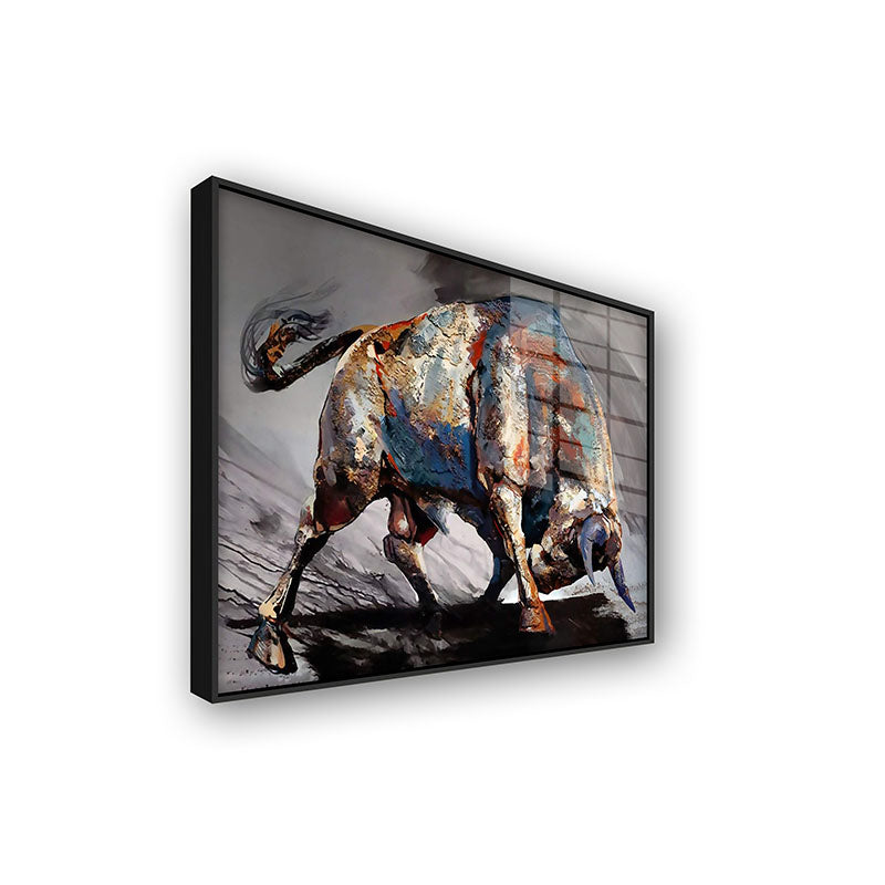 The Bull painting in a black frame side view