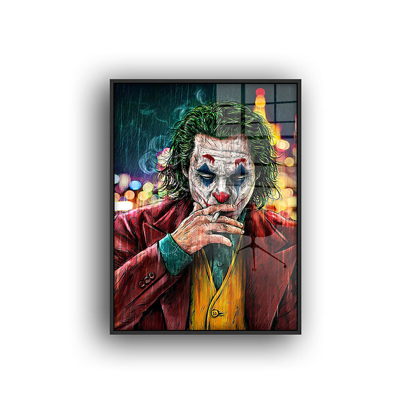 Painting of the Joker in a black frame front view