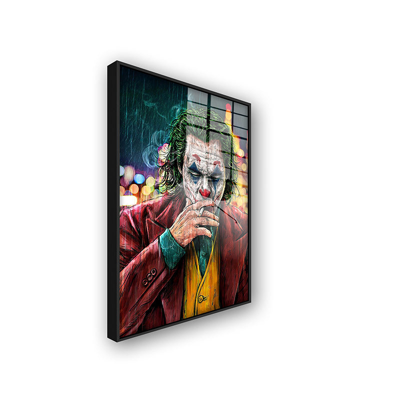 Painting of the Joker in a black frame side view