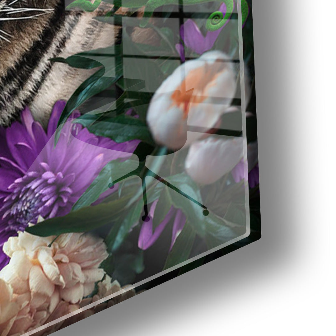 Tiger with flowers glass painting without frame closeup