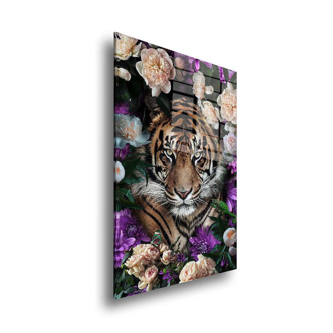 Tiger with flowers glass painting without frame side view