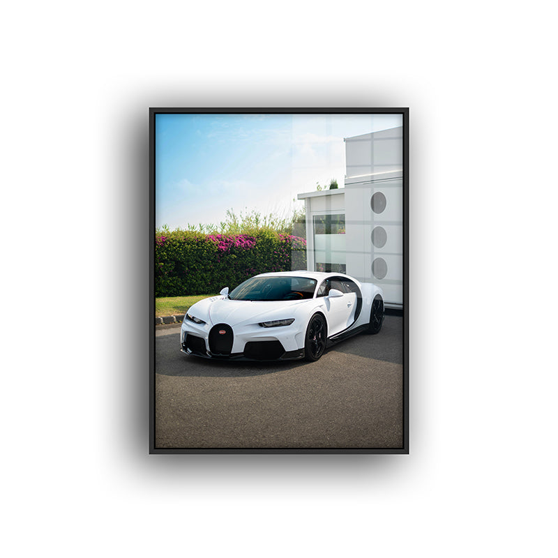 Color Painting of white Bugatti in a black frame frontview