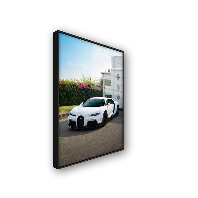 Color Painting of white Bugatti in a black frame sideview