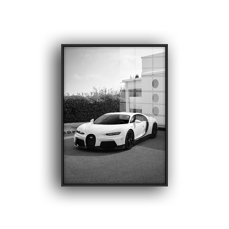 Painting of white Bugatti in a black frame front view