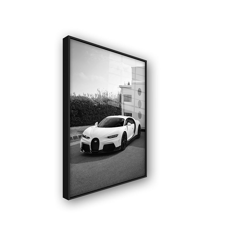 Painting of white Bugatti in a black frame side view