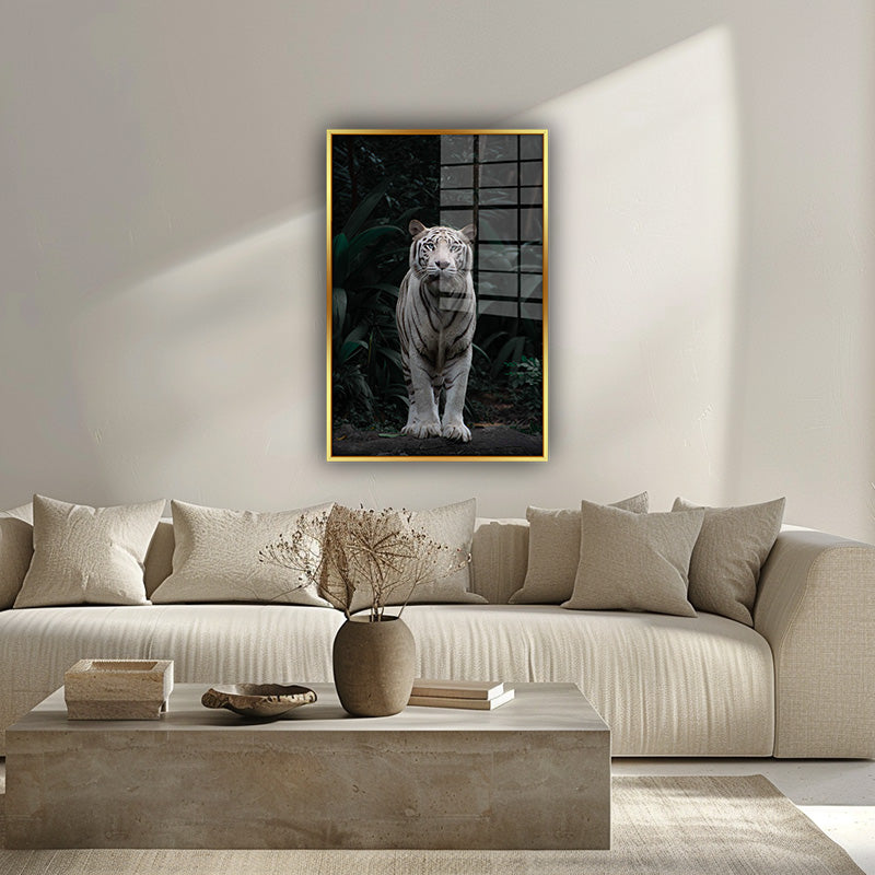 White Tiger painting in a gold frame inside