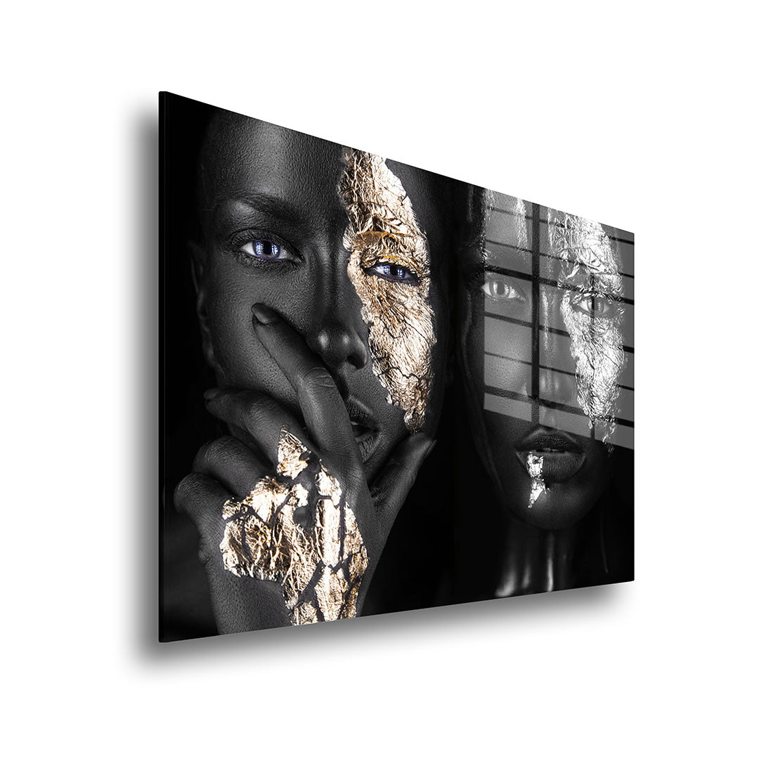 Woman faces glass painting without frame side view