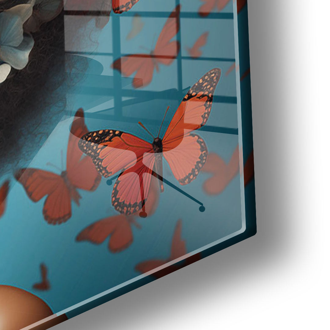 Woman with butterflies glass painting without frame closeup