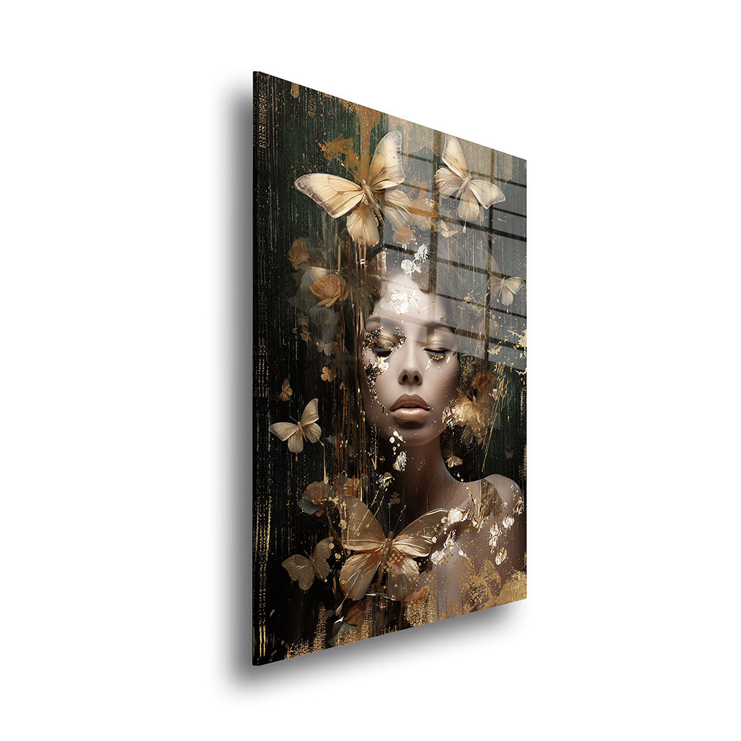 Woman with dark butterflies glass painting without frame side view