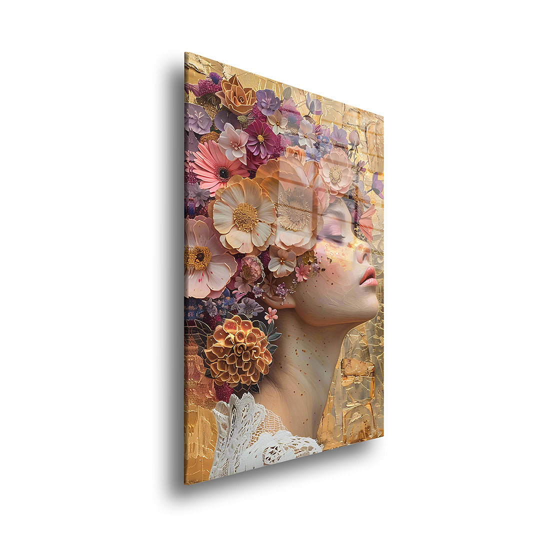 Woman with flower decoration glass painting without frame side view