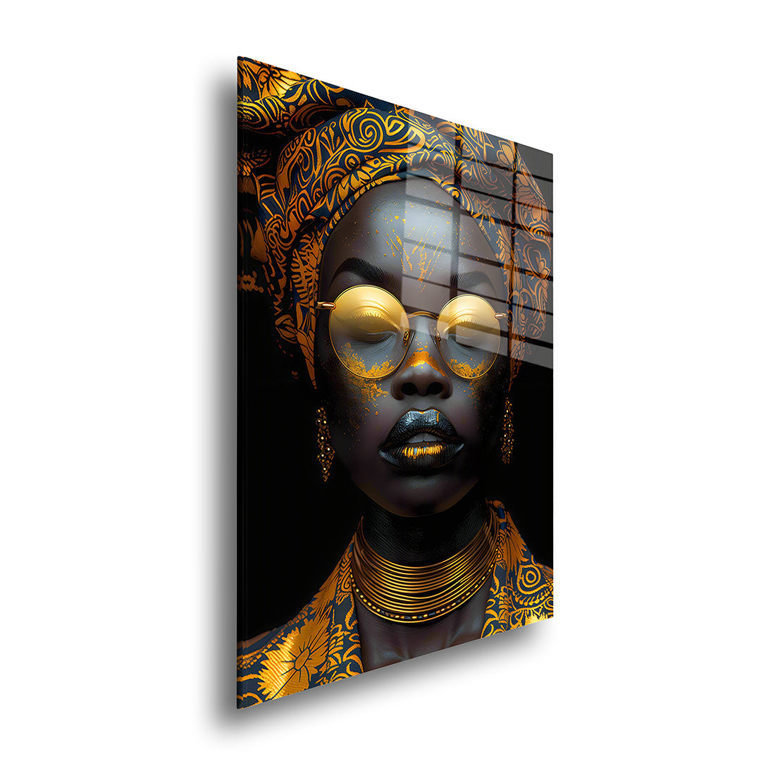 Woman with golden glasses glass painting without frame side view