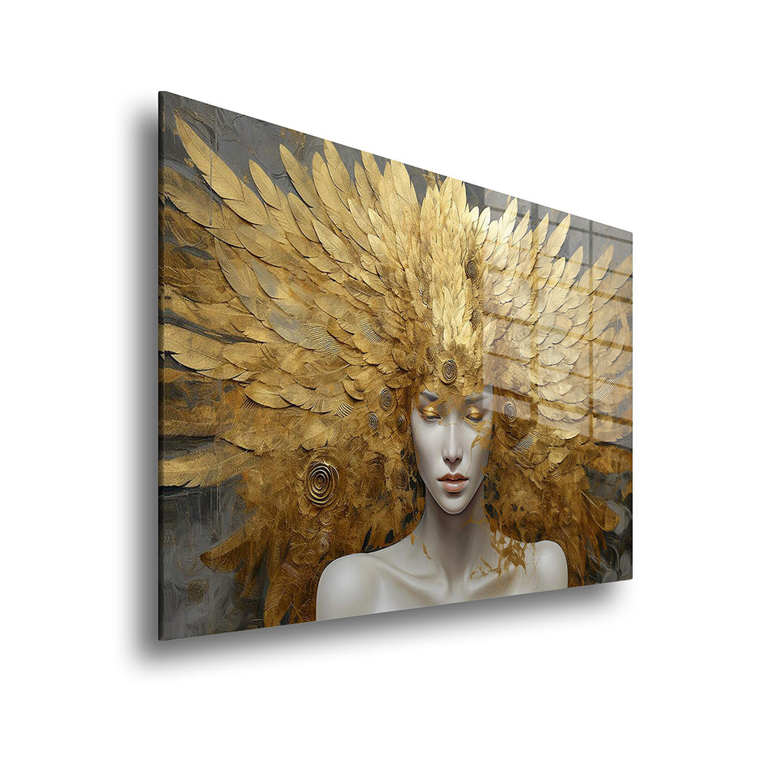 Woman with golden headdress glass painting without frame side view