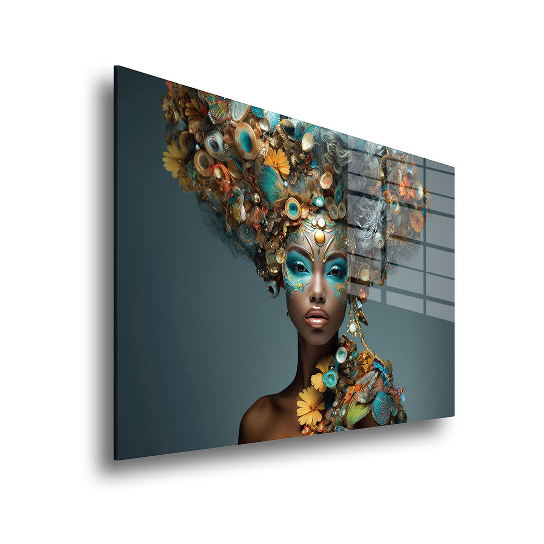 Woman with special headdress glass painting without frame side view