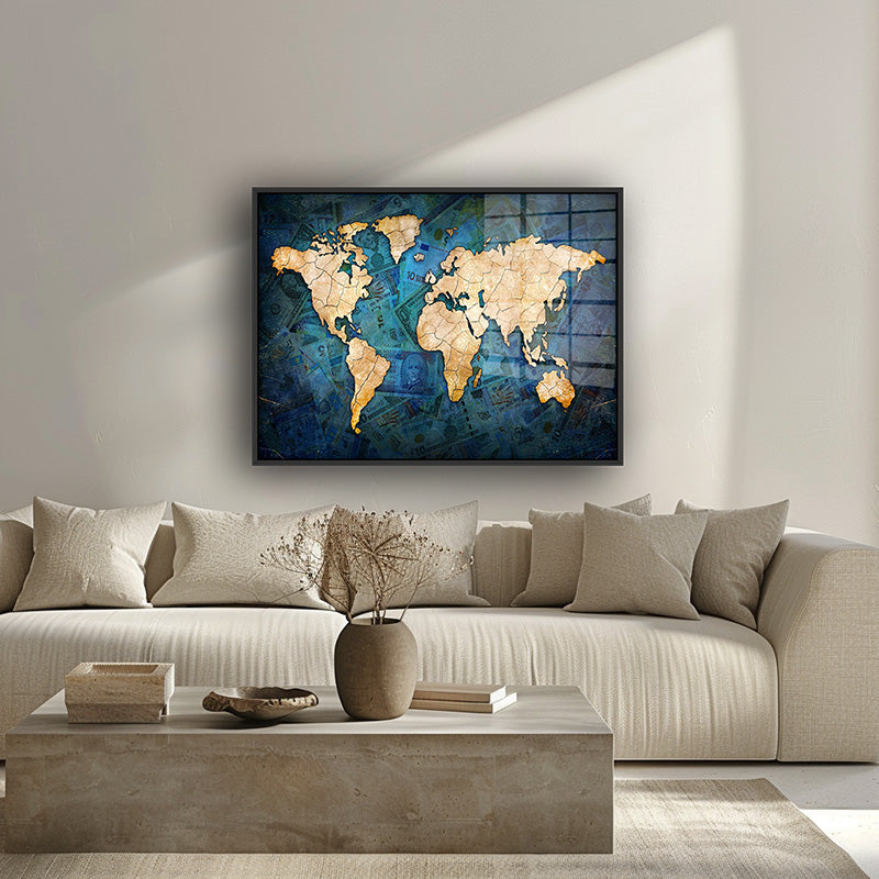 World of Money painting in a black frame inside