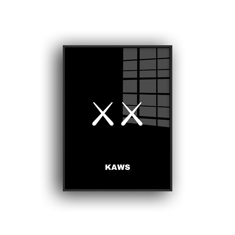 Painting of XX by Kaws in a black frame front view